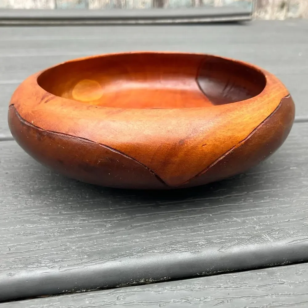 Vintage 60s 70s hand carved teak small wood bowl with carved pineapple, bohemian